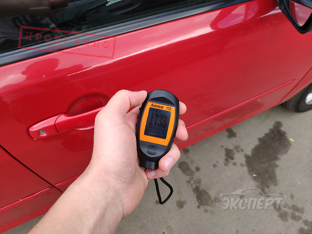 Показания толщиномера толщины лакокрасочного покрытия на передней правой двери Mazda 3 BK